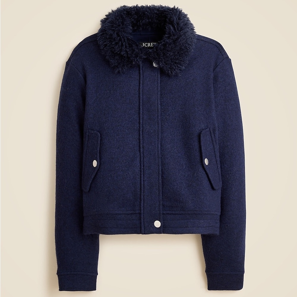 J. Crew Navy Wool-Blend Flight Jacket with Faux Fur Collar